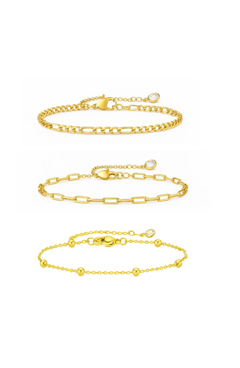 Hollywood Sensation Adriana 3-Piece Stackable Bracelet Trio Set, Beaded, Figaro, Paperclip Link, Main, color, Gold