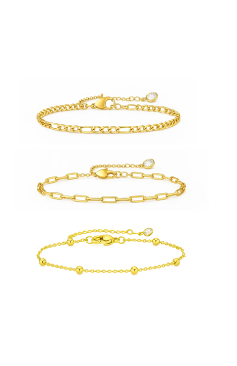 Adriana 3-Piece Stackable Bracelet Trio Set, Beaded, Figaro, Paperclip Link
