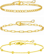 DLORIA Adriana 3-Piece Stackable Bracelet Trio Set, Beaded, Figaro, Paperclip Link