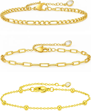 DLORIA Adriana 3-Piece Stackable Bracelet Trio Set, Beaded, Figaro, Paperclip Link