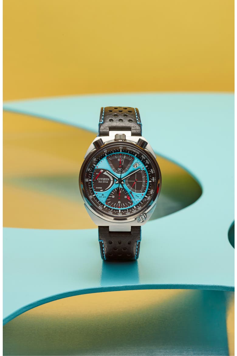 Promaster Tsuno Chronograph Racer Leather Strap Watch, 44.5mm, Alternate, color, BLACK/ BLUE