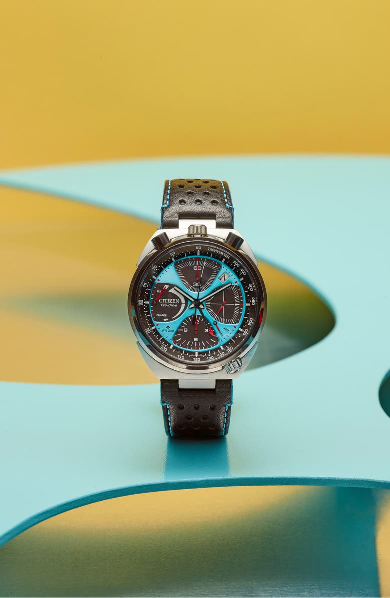 Citizen Promaster Tsuno Chronograph Racer Leather Strap Watch, 44.5mm, Alternate, color, Black/ Blue