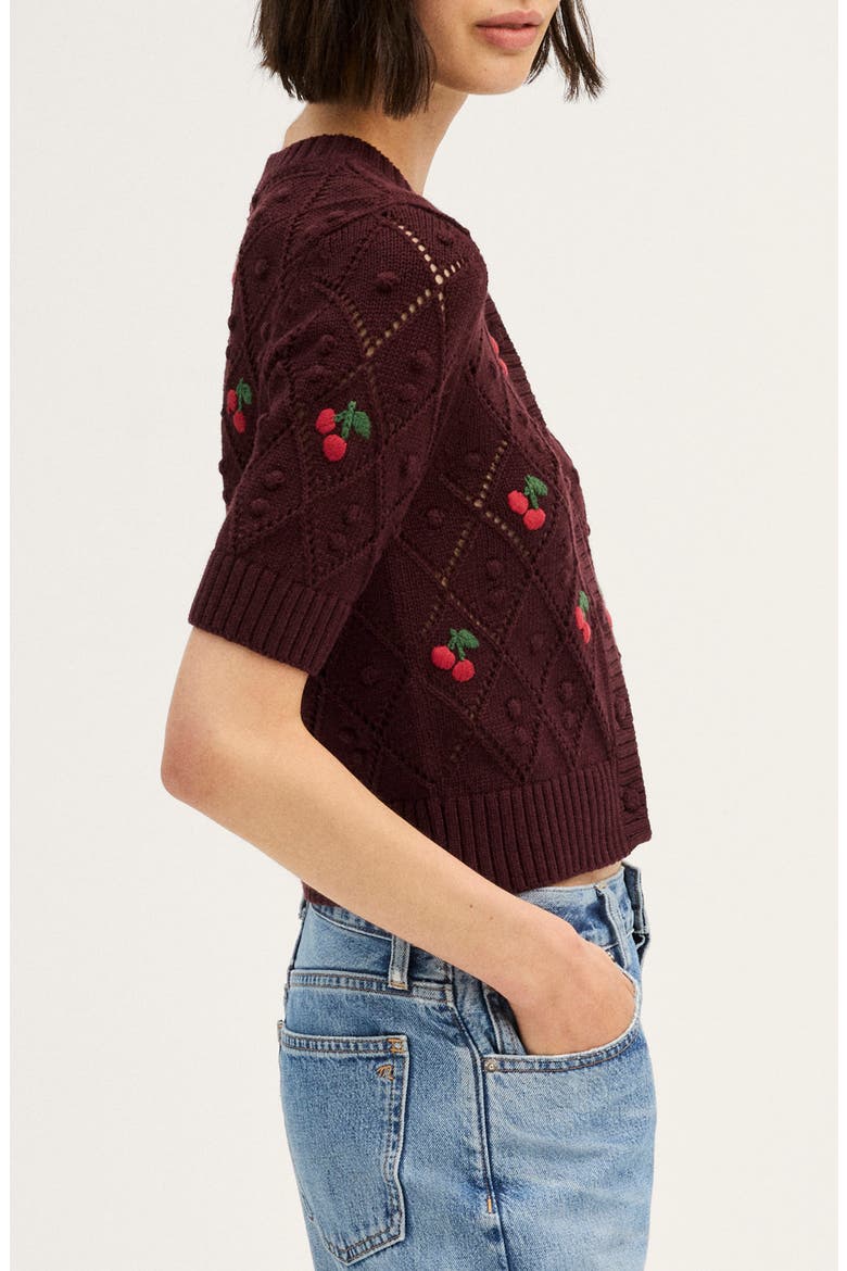 Embroidered Bauble Cotton Pointelle Stitch Cardigan, Alternate, color, SMOKED CLARET CHERRY