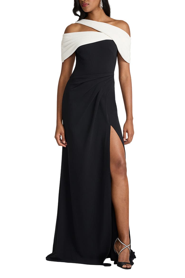 Off the Shoulder Colorblock Crepe Gown, Main, color, BLACK/ IVORY