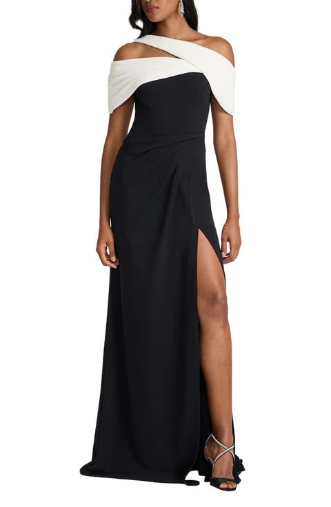 Off the Shoulder Colorblock Crepe Gown