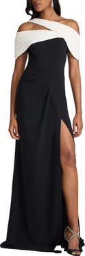 Tadashi Shoji Off the Shoulder Colorblock Crepe Gown