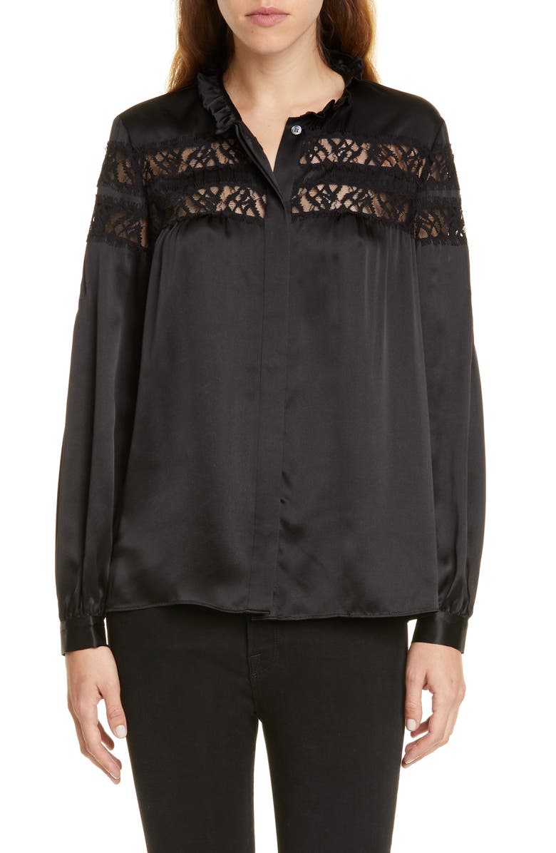 FRAME Lace Panel Silk Satin Blouse, Main, color, 