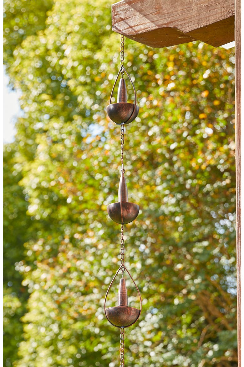 8.5ft 10-Piece Faux Copper Bowl and Bell Shaped Rain Chain with V-Shaped Gutter Clip, Alternate, color, Brown
