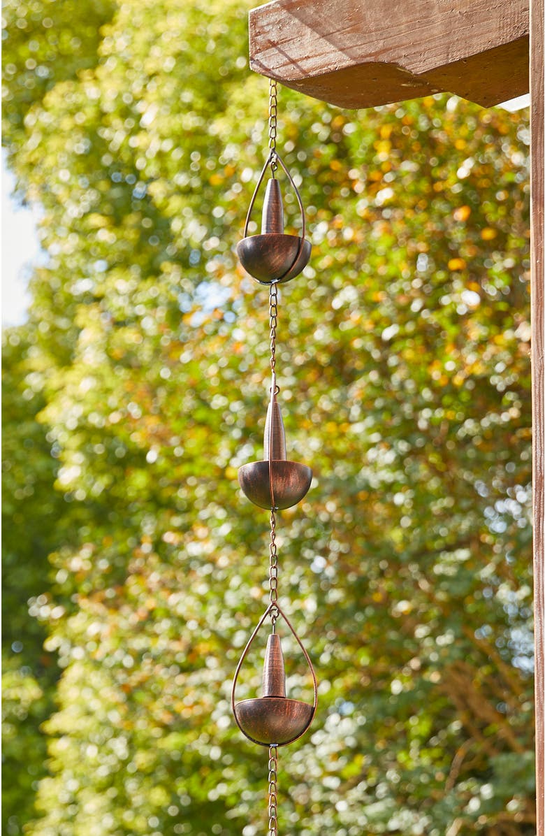 Glitzhome 8.5ft 10-Piece Faux Copper Bowl and Bell Shaped Rain Chain with V-Shaped Gutter Clip, Alternate, color, Brown