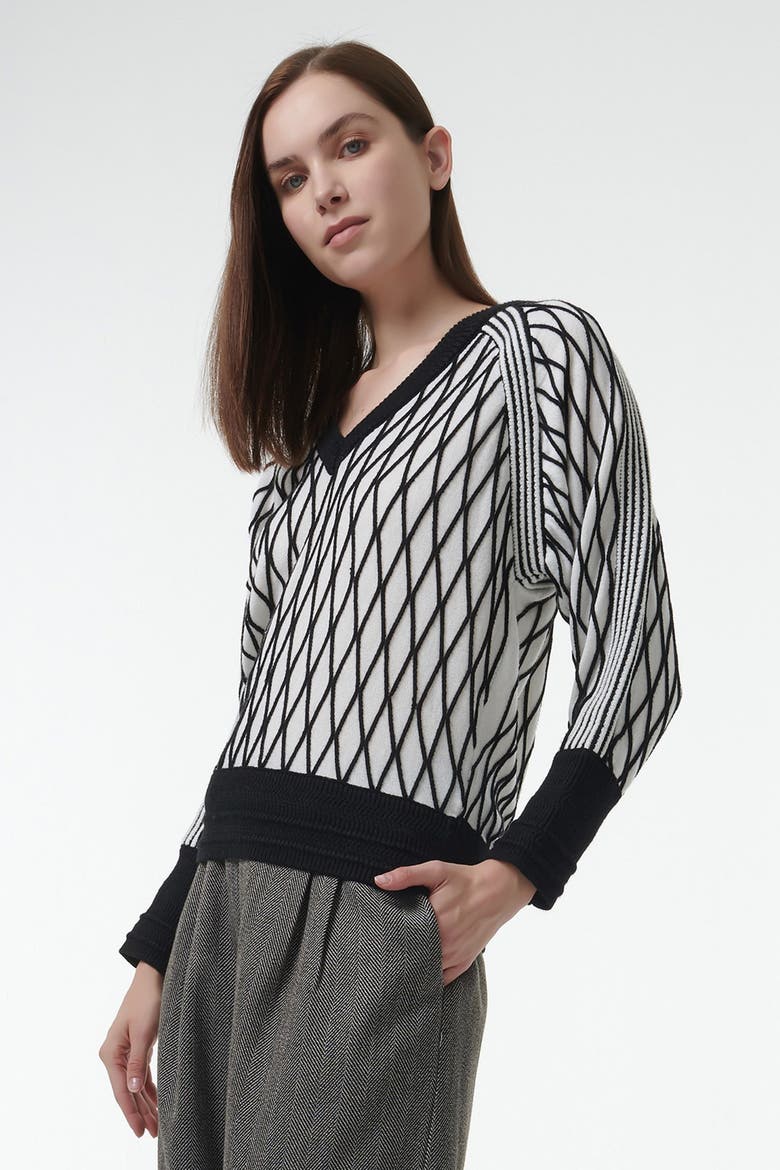 Argyle Mesh Textured Knitted Sweater, Alternate, color, White