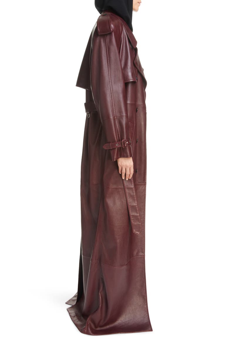 Classic Plunge Long Leather Trench Coat, Alternate, color, BORDEAUX