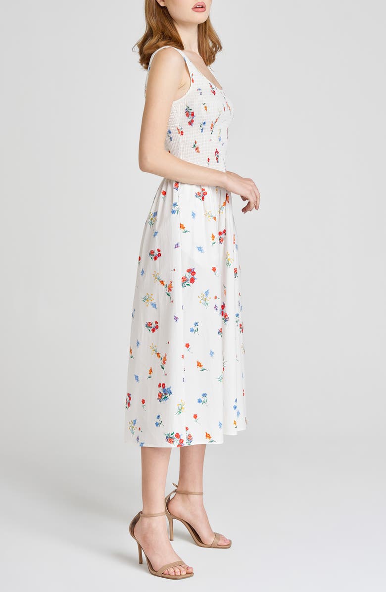 WAYF Dana Floral Smocked Bodice Stretch Cotton Midi Dress, Alternate, color, Ivory Blossom
