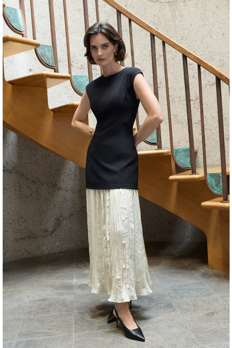 Mixed Media Pleated Dress, Alternate, color, BROWN MOLE
