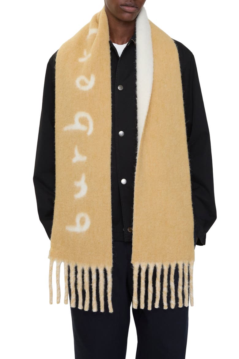 Logo Text Jacquard Reversible Alpaca & Wool Blend Fringe Scarf, Alternate, color, SAND