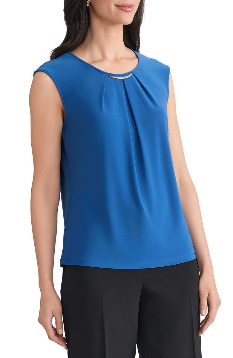 KASPER Metal Accent Gathered Neck Crepe Knit Top, Alternate, color, Blue Night