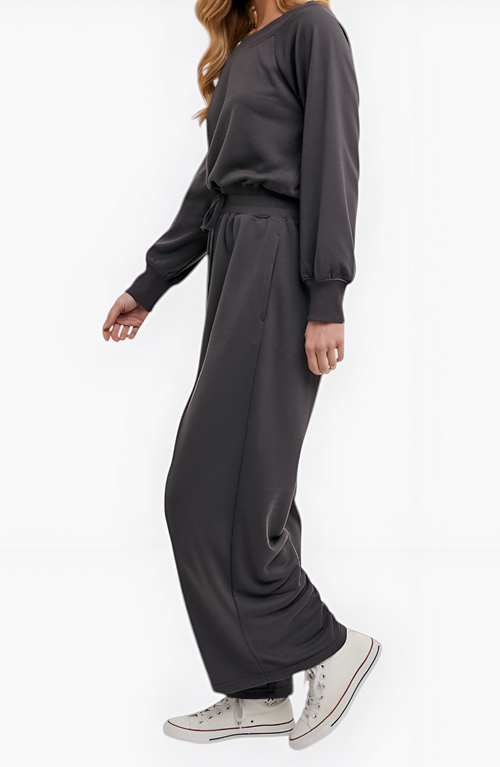 Modenaire Wide Leg Long Sleeve Crewneck Knit Jumpsuit With Drawstring Waist In Gray