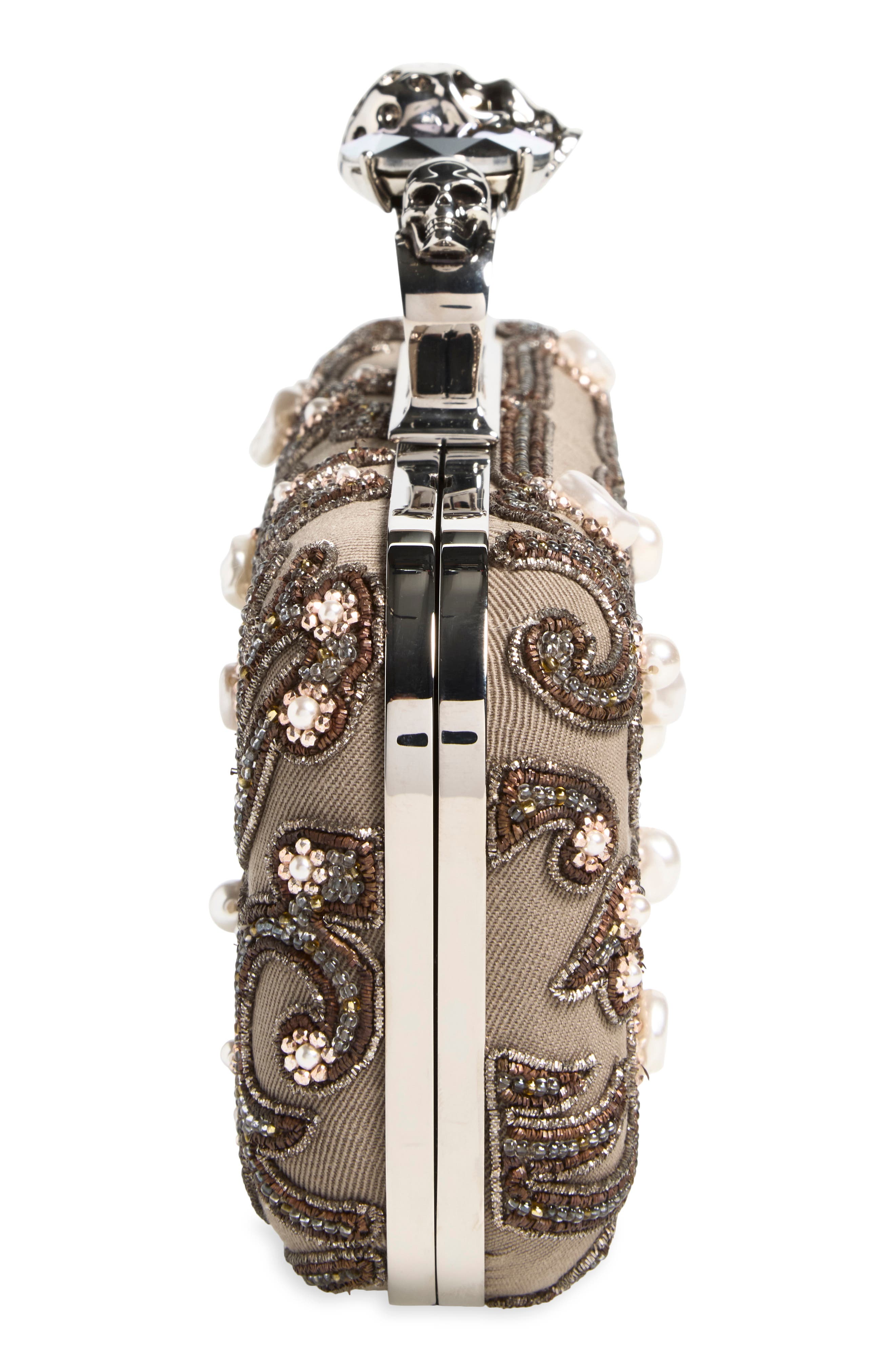 Skull Embellished Four-Ring Leather Long Clutch, Alternate, color, LIGHT BEIGE/ SILVER