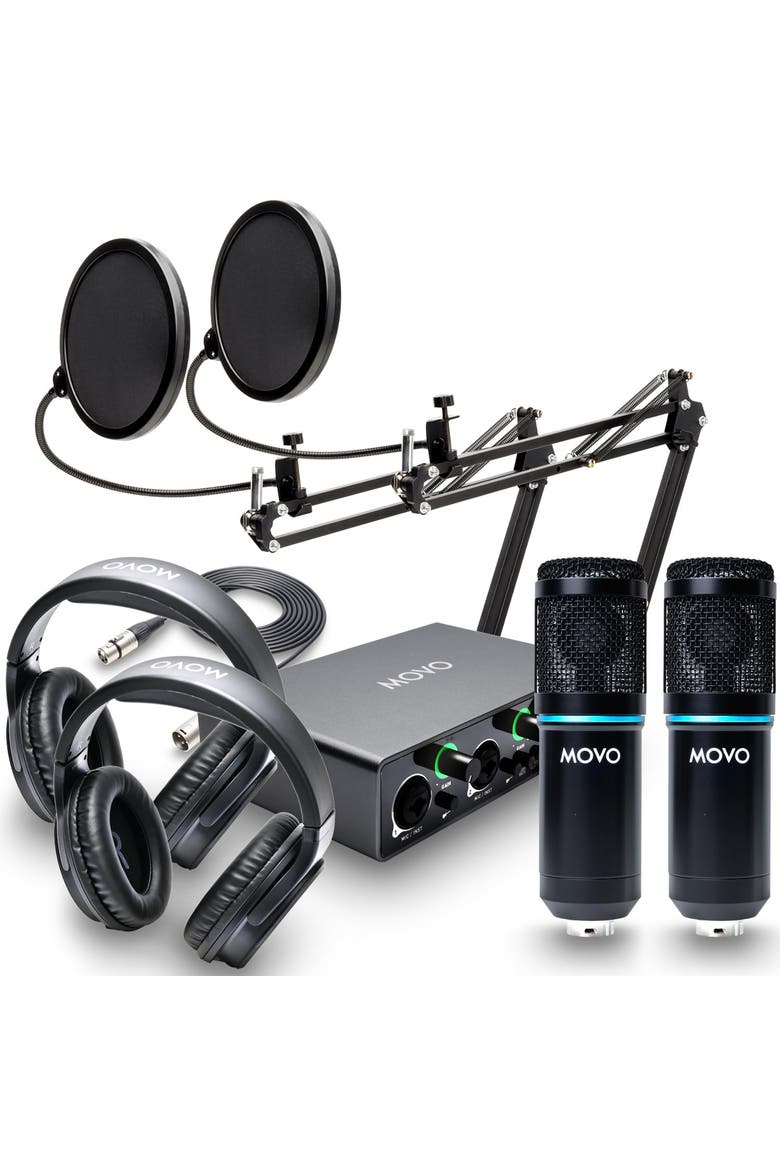 PodKit2AH Podcast Equipment Bundle for 2 Condenser Microphone Kit with USB Audio Interface for Computers, Main, color, Black