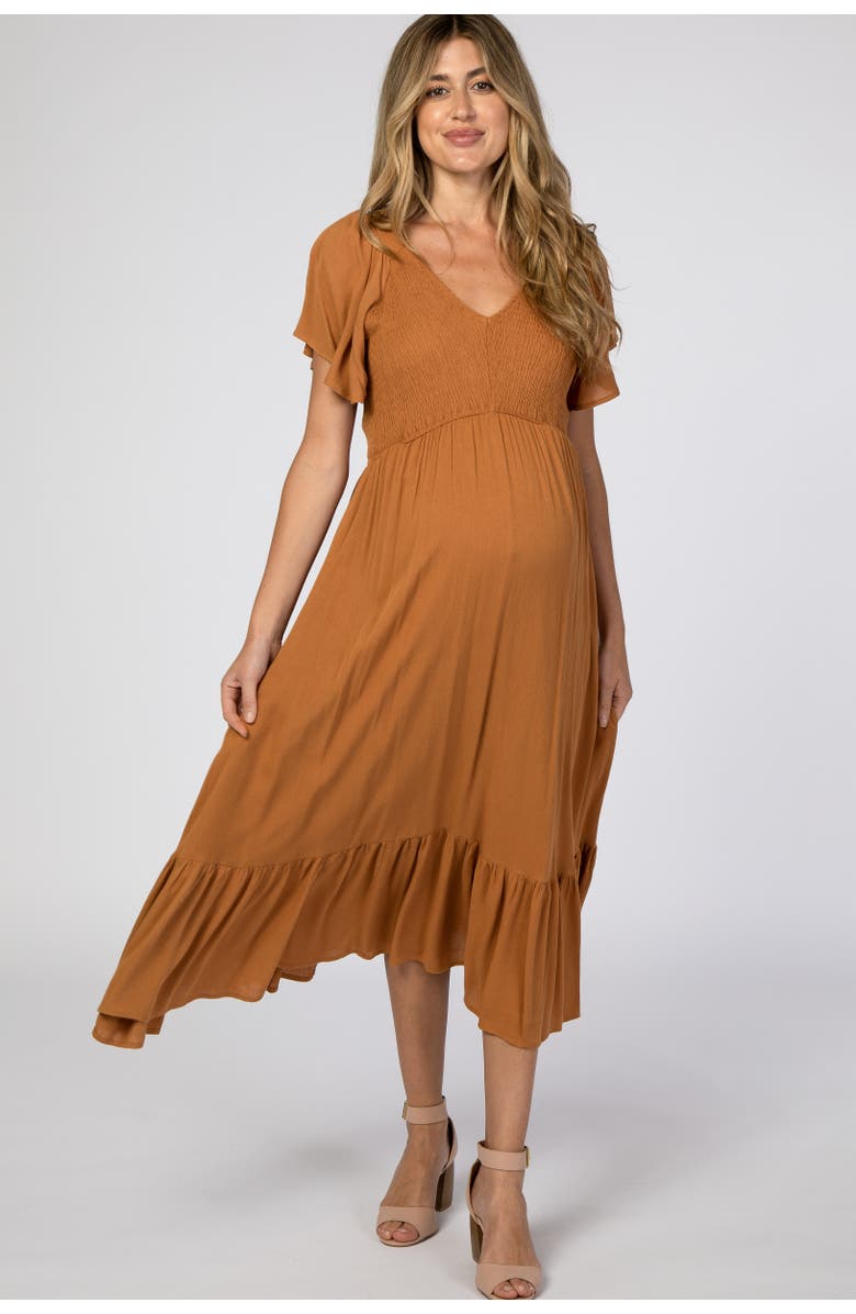 PinkBlush Smocked V-Neck Midi Dress, Alternate, color, Brown