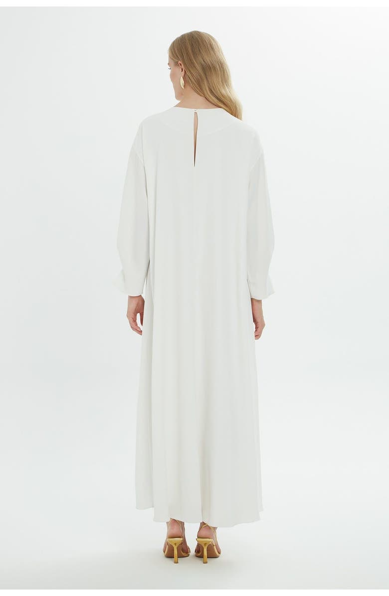 Gizia Long Ecru Women's Dress with Chain-Detail Collar and Lace-Up Sleeves, Alternate, color, Beige