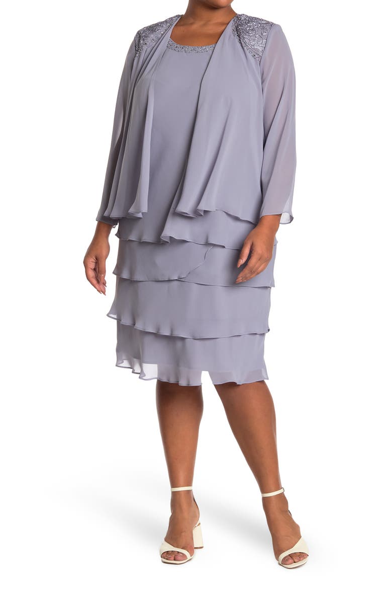 Embellished Tiered Dress with Jacket, Main, color, CONCRETE