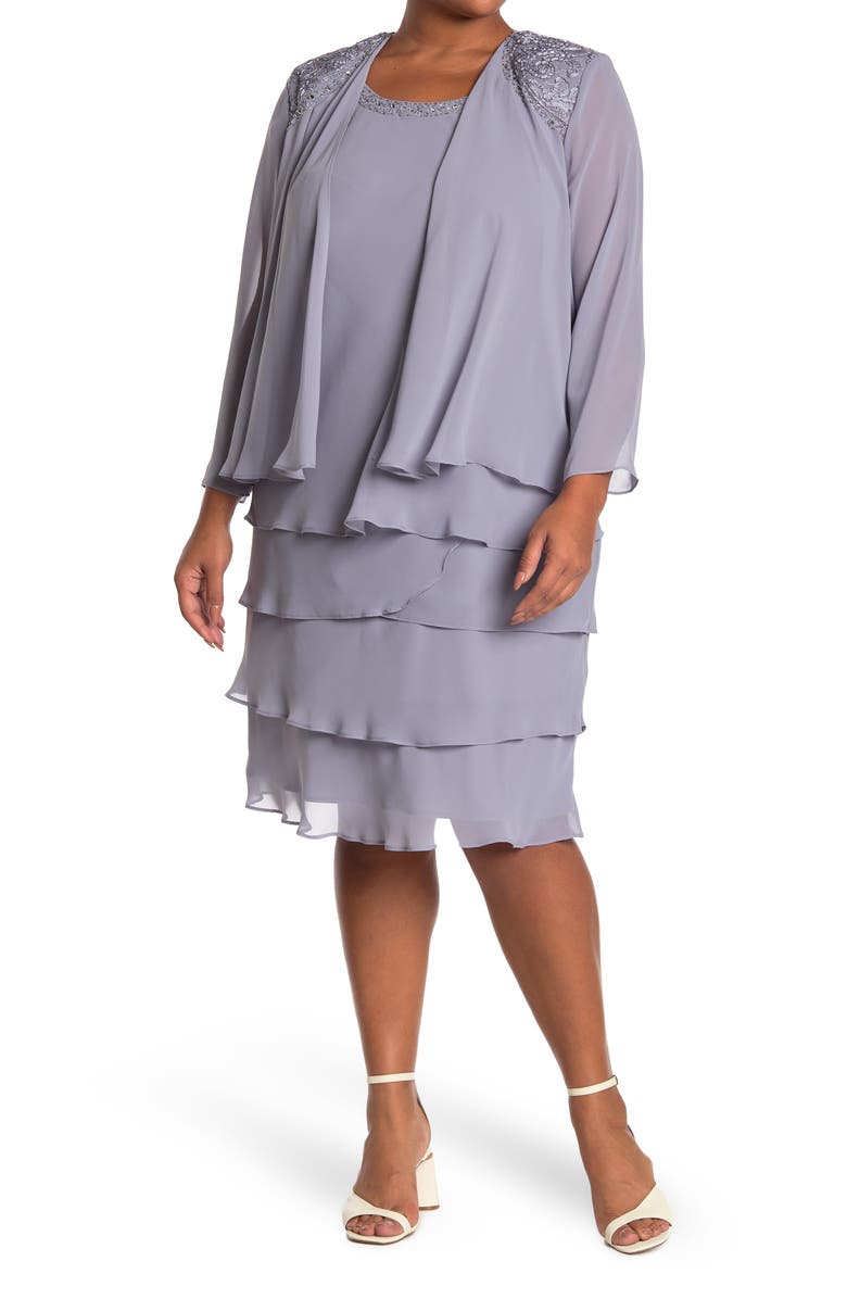 SLNY Embellished Tiered Dress with Jacket, Main, color, Concrete