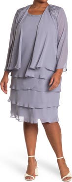 SLNY Embellished Tiered Dress with Jacket