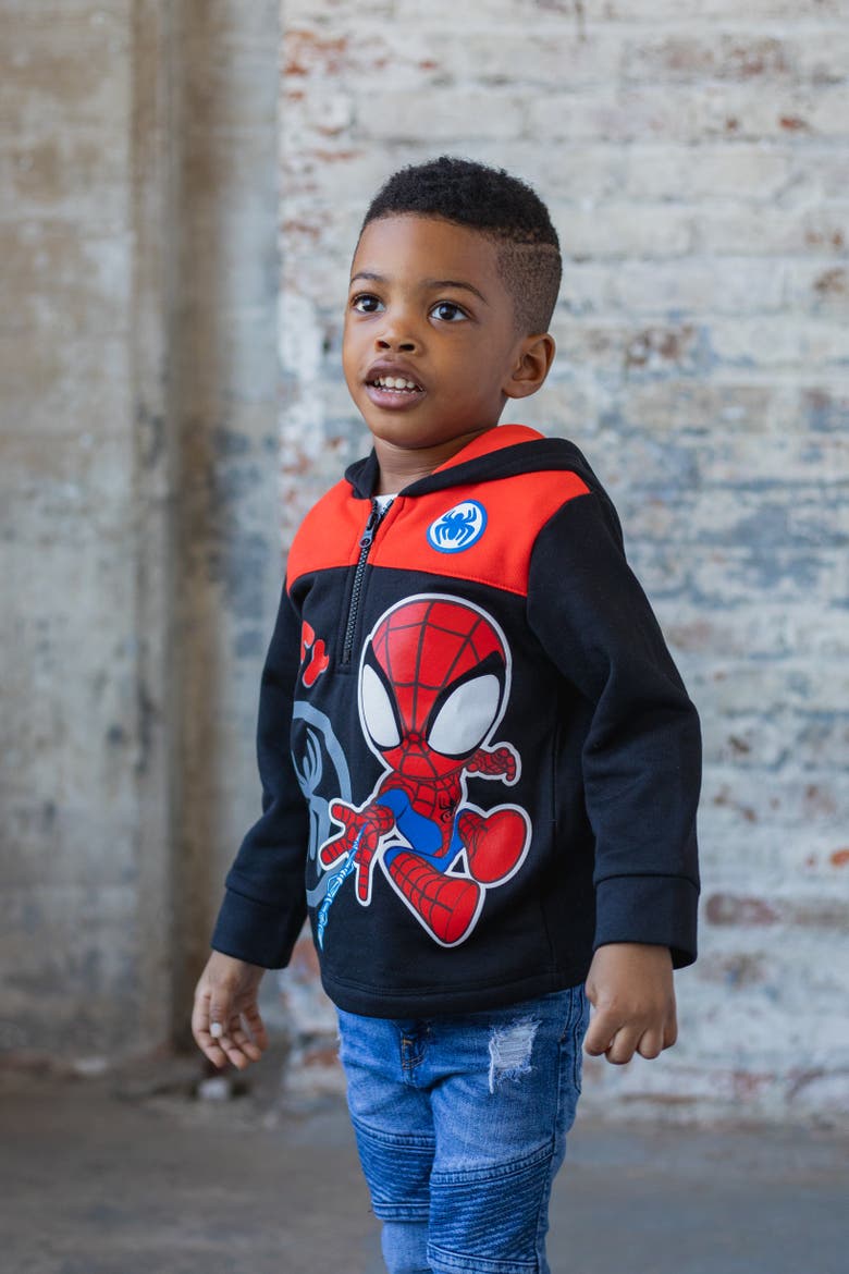 Spider-Man Fleece Quarter-Zip Hooded Sweatshirt, Alternate, color, Spidey Black