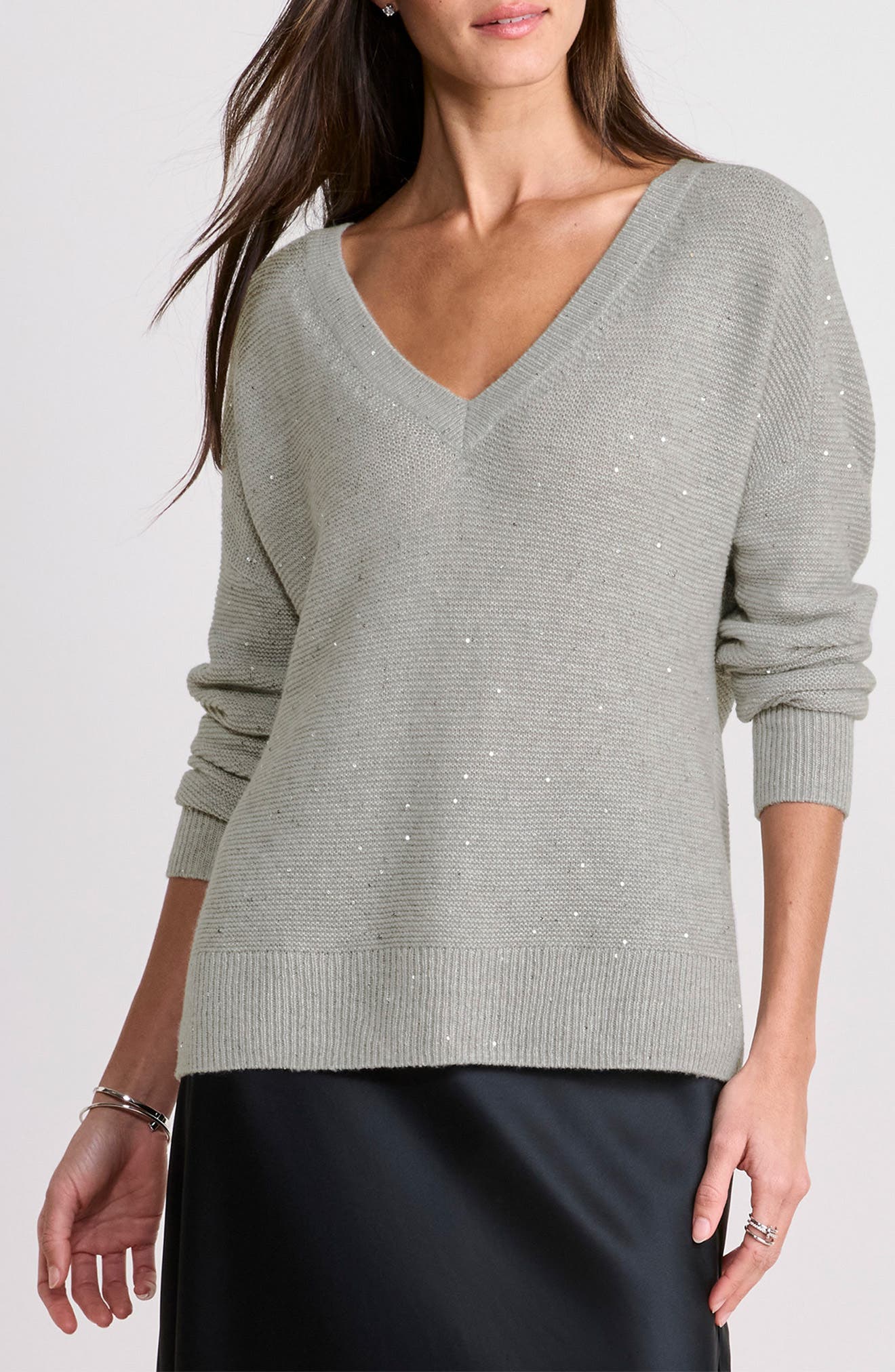 Sequin Accent Wool & Cashmere V-Neck Sweater