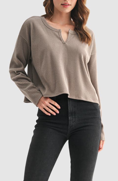 Split Neck Long Sleeve Ribbed Top