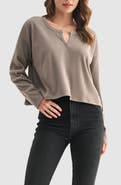 Lush Split Neck Long Sleeve Ribbed Top