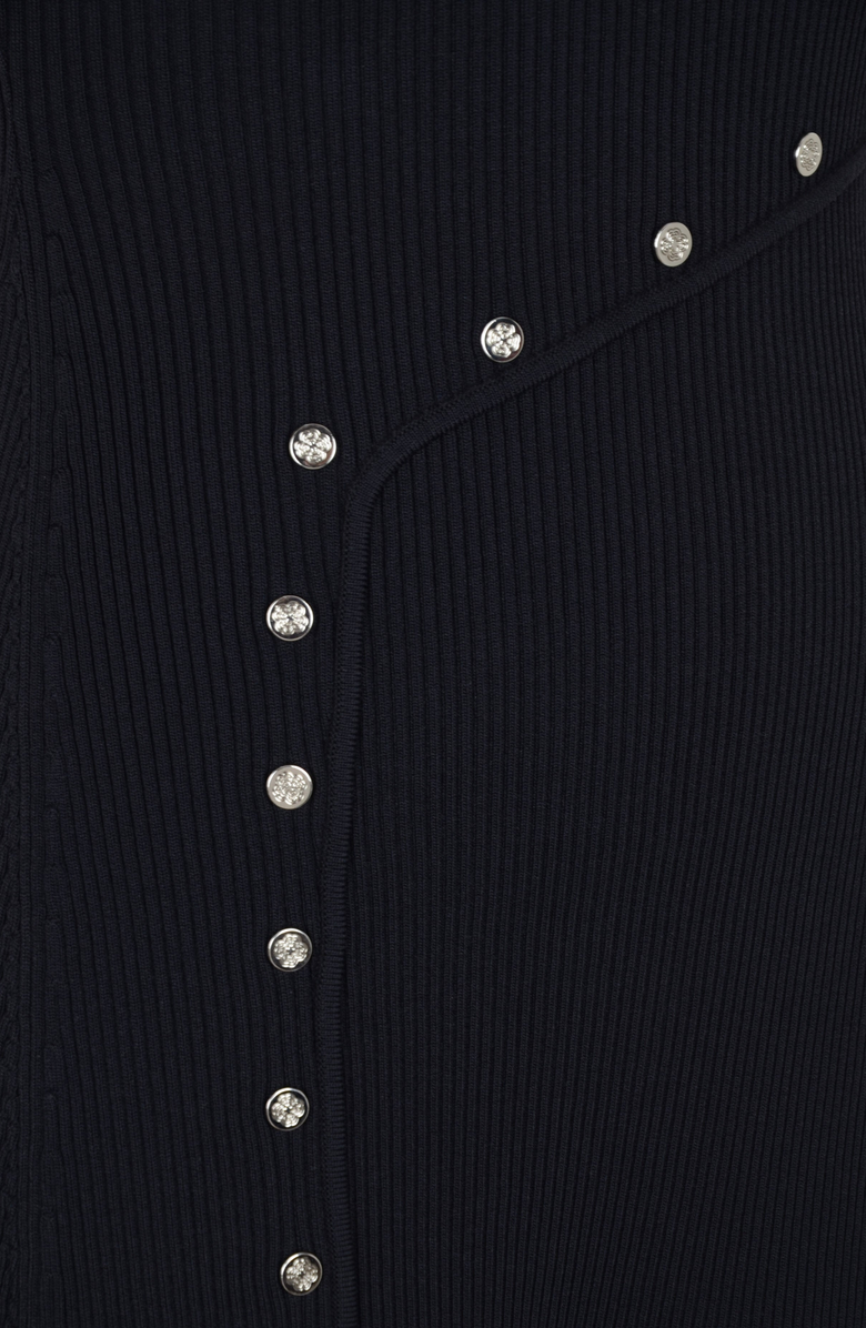 Modenaire Ribbed Knit Mini Dress with Stud Detail and Asymmetric Seam, Alternate, color, Black