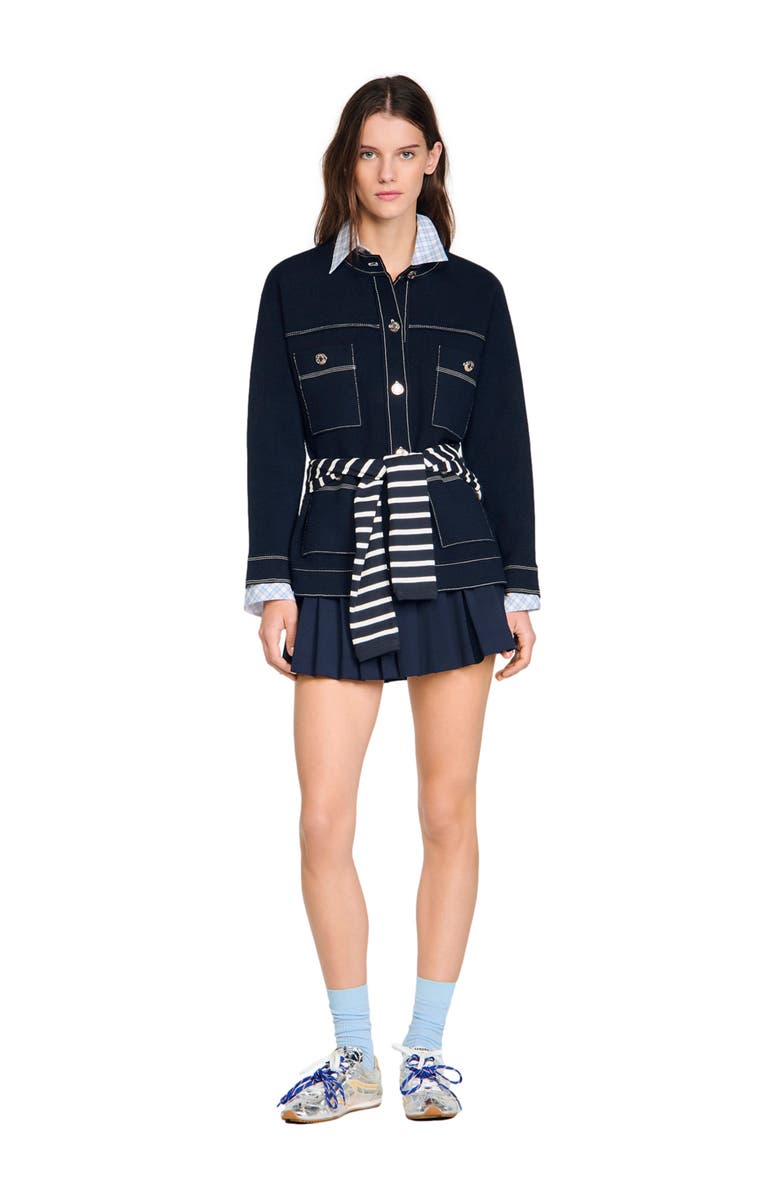 SANDRO Contrast stitch cardigan, Alternate, color, Navy Blue