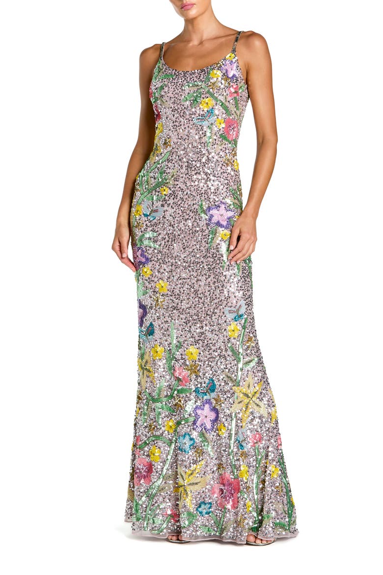 Embellished Sleeveless Cowl Back Gown, Main, color, Silver Multi