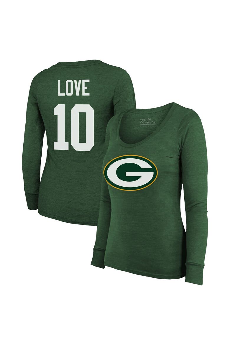 Women's Majestic Threads Jordan Love Green Green Bay Packers Name & Number Long Sleeve Scoop Neck Tri-Blend T-Shirt, Main, color, Green