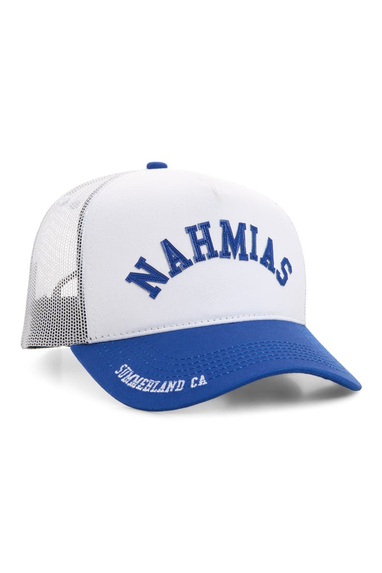 Summerland Brim Trucker Hat, Main, color, WHITE / BLUE