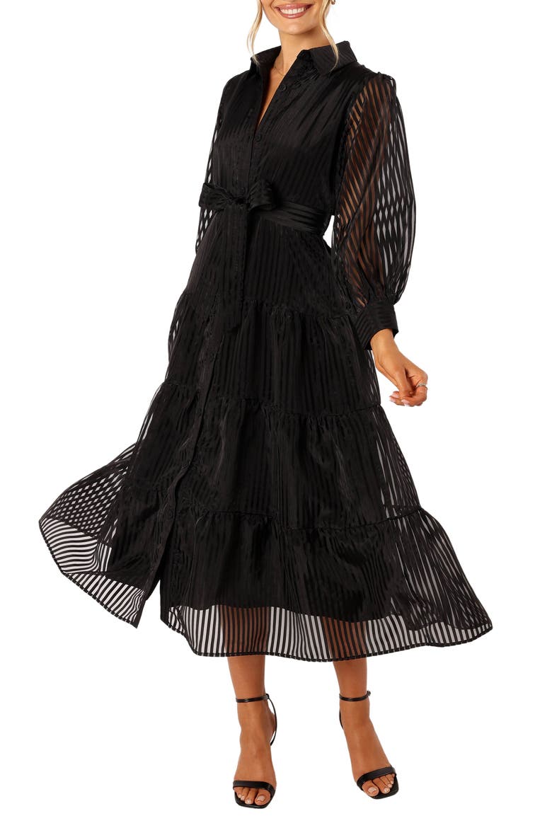 Neve Long Sleeve Tiered Shirtdress, Main, color, BLACK