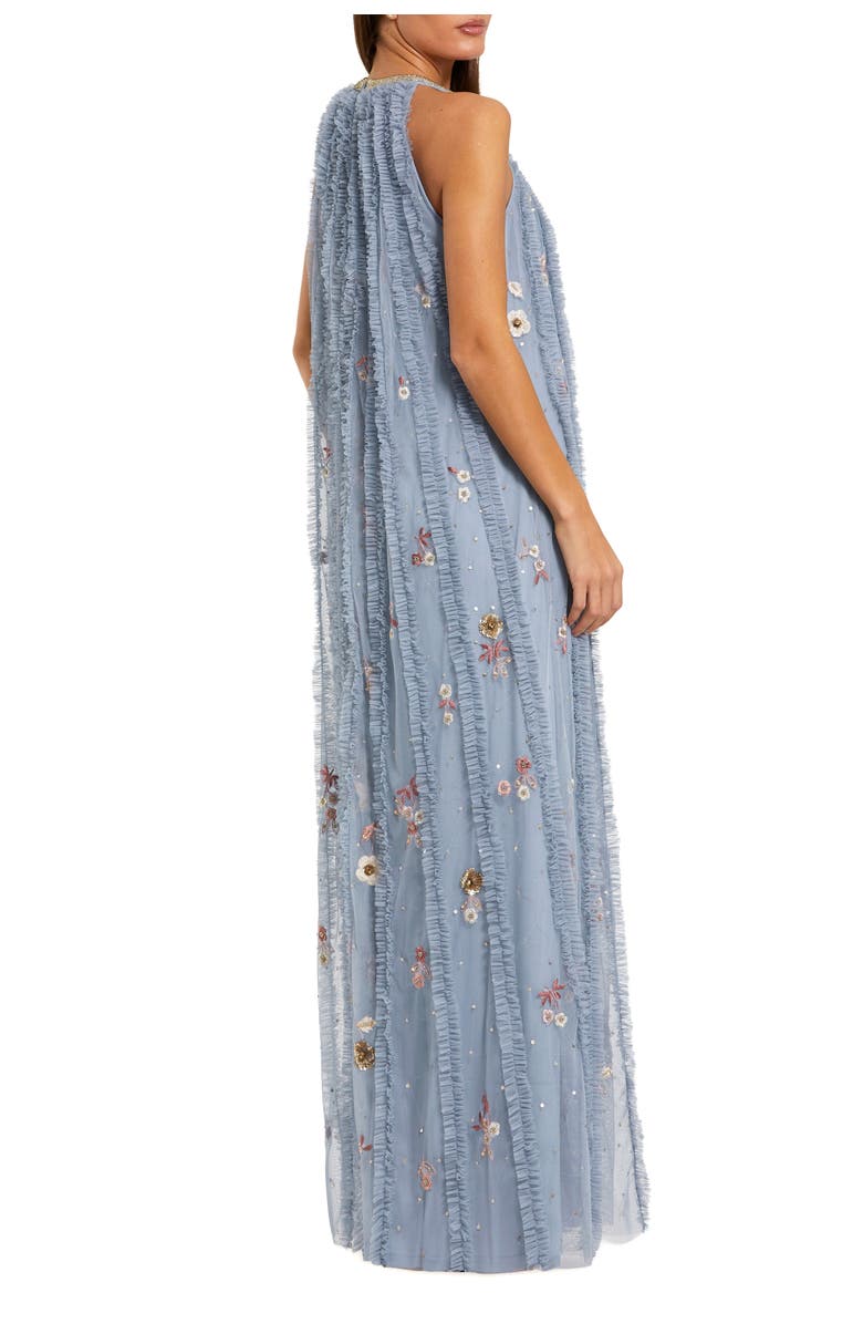 Mac Duggal Mesh Trapeze High Neck Dress With Embroidery, Alternate, color, Blue Multi