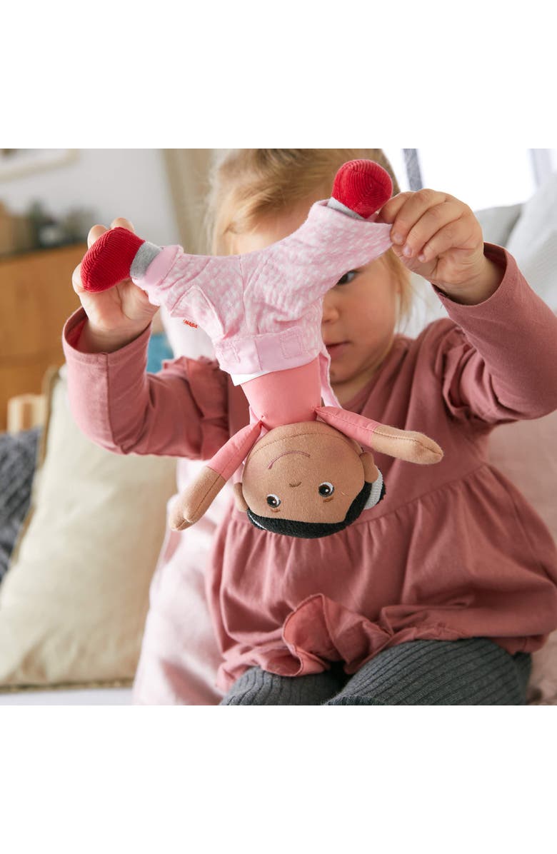 HABA Snug Up Doll Rumbi - 10" Soft Doll with Black Hair and Pink Overalls - Machine Washable for 18 Months and Up, Alternate, color, Multi
