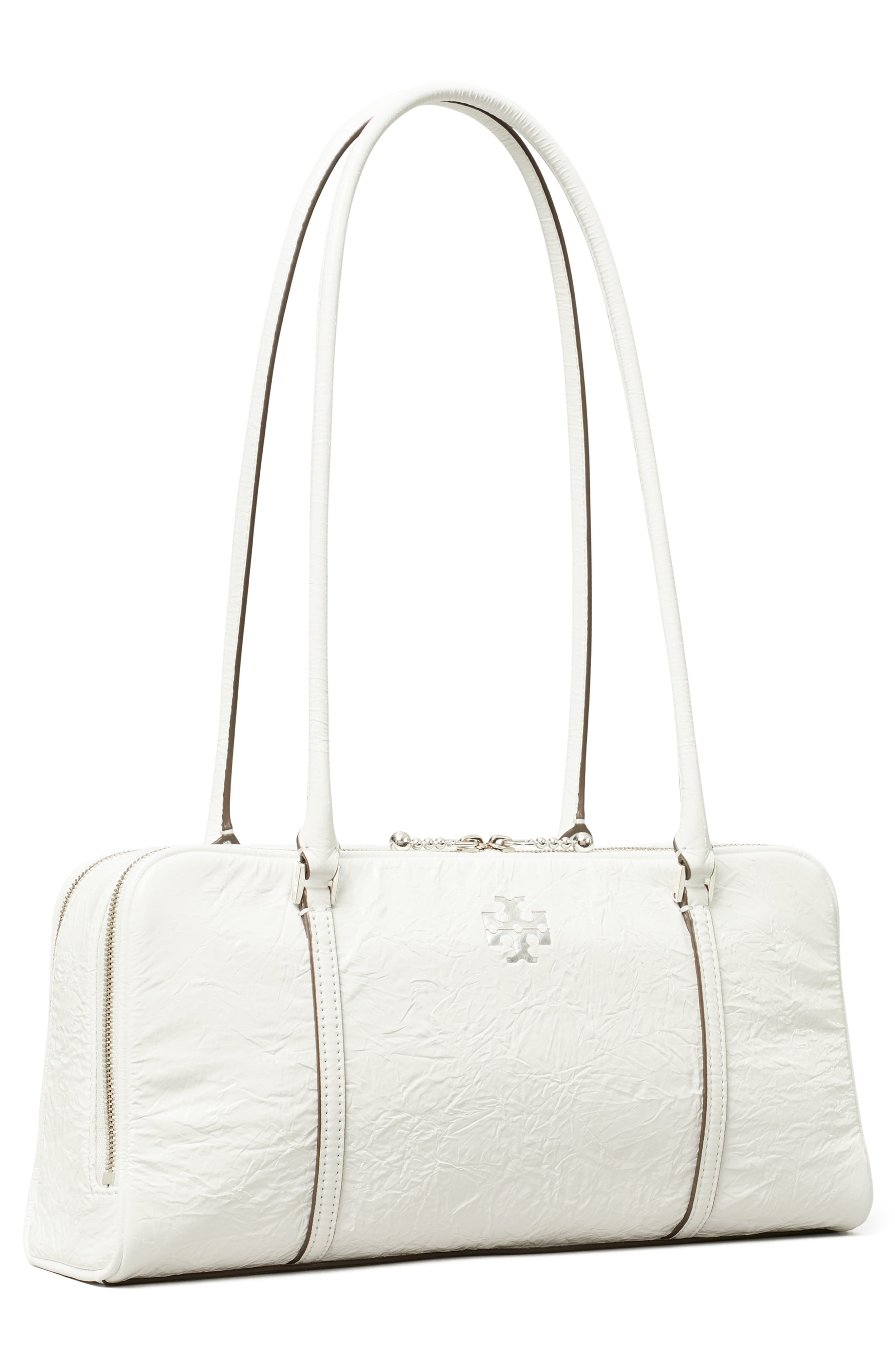 Tory Burch T Monogram Small Metallic Marshmallow Satchel, Alternate, color, White