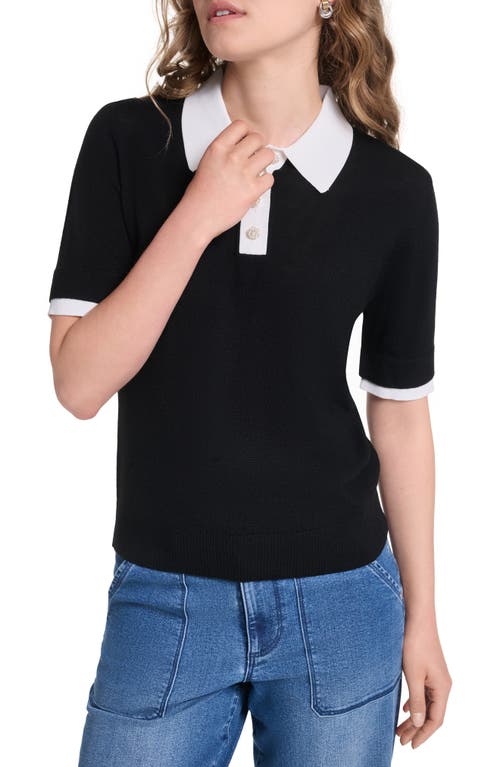 KARL LAGERFELD PARIS Johnny Collar Short Sleeve Sweater in Black/soft White at Nordstrom, Size X-Large