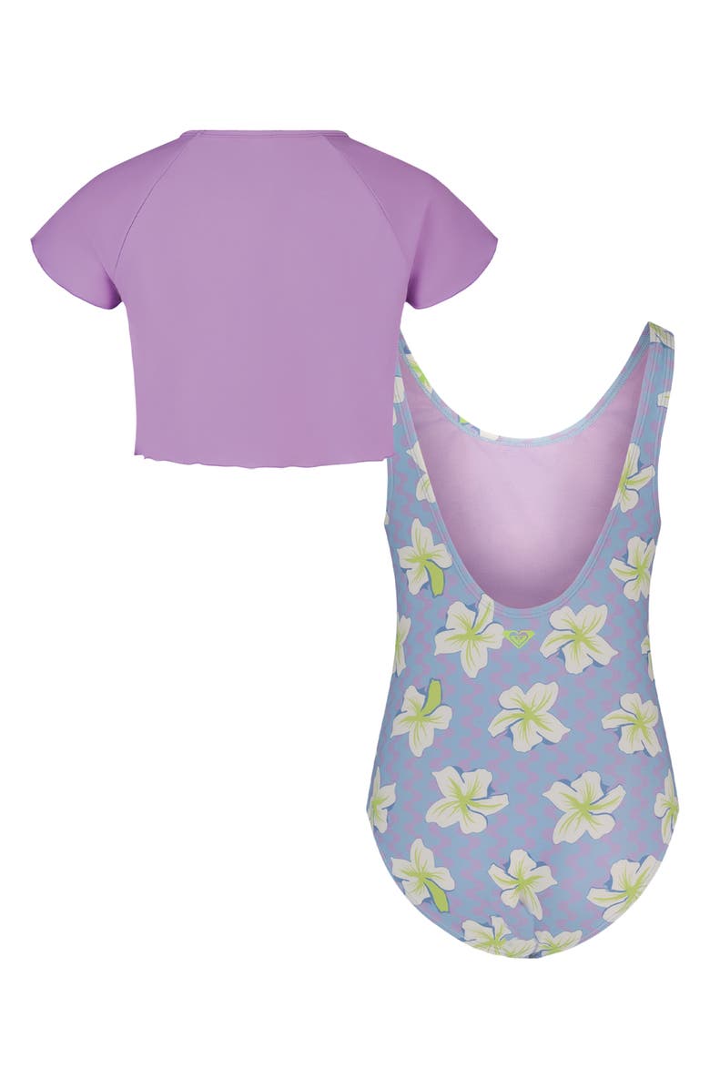 Roxy Kids' Party Waves UPF 50+ Cover-Up Shirt & One-Piece Swimsuit Set, Alternate, color, Crocus Petal