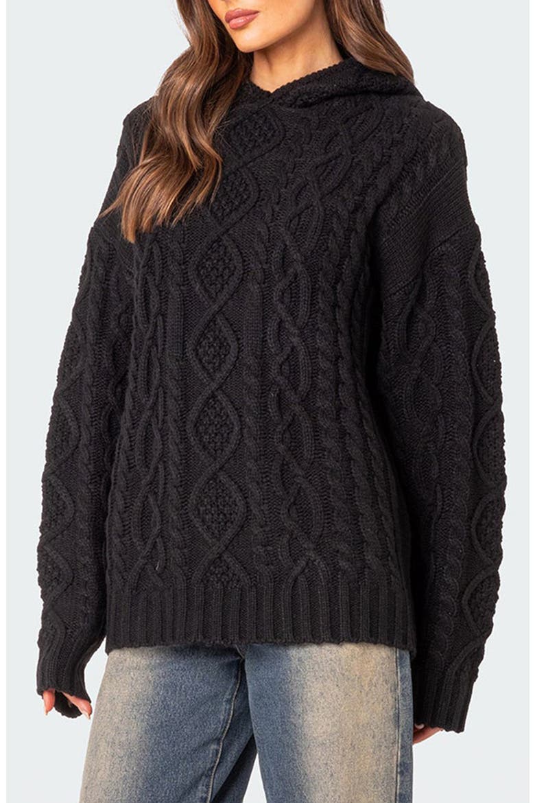 Oversize Cable Knit Hoodie, Alternate, color, BLACK