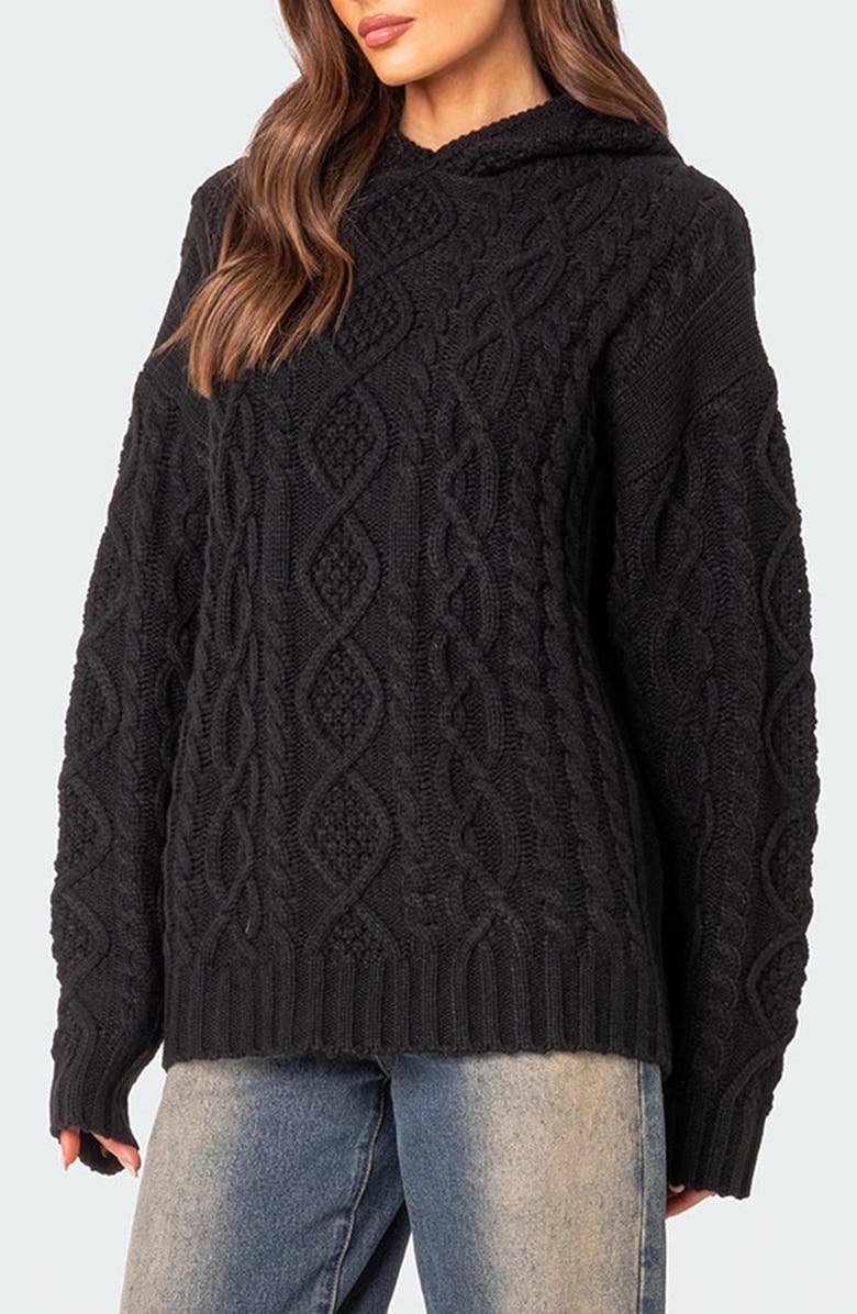 EDIKTED Oversize Cable Knit Hoodie, Alternate, color, Black