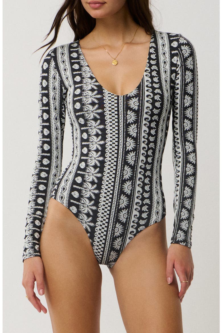 Samba Stripe Long Sleeve Swimsuit, Main, color, BLACK