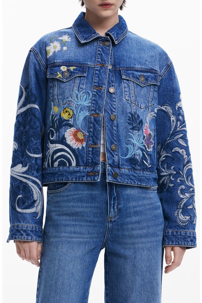 Embroidered Denim Trucker Jacket, Main, color, MEDIUM BLUE