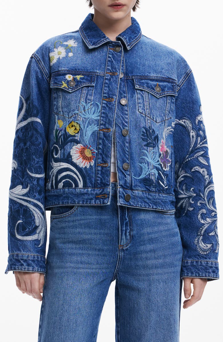Desigual Embroidered Denim Trucker Jacket, Main, color, Medium Blue