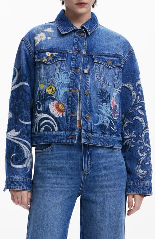 Shop Desigual Embroidered Denim Trucker Jacket In Medium Blue
