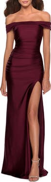 La Femme Off the Shoulder Dress with Tie Back and Slit