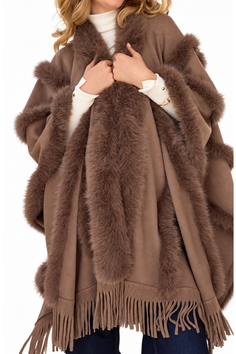 Faux Fur Trim Fringe Cape, Alternate, color, LIGHT BROWN